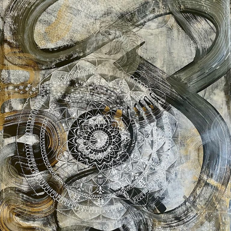 Ashima Kumar Title- Journey of soul 1, mixed media low - Year of Production_ 2024 Medium_ Mixed Media (acrylics, ink and pen on canvas) Dimensions (cm)_ 109x60 cm