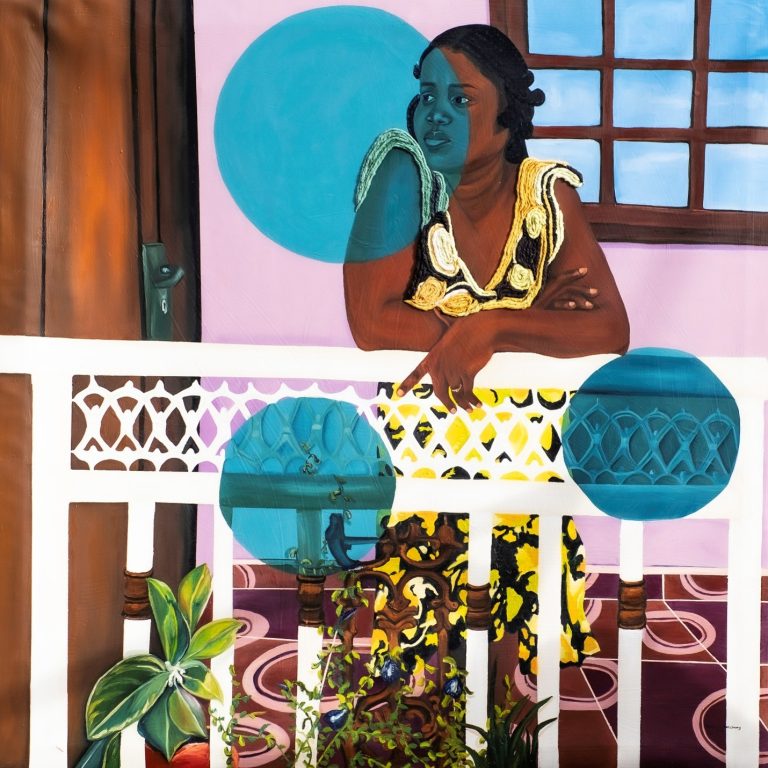 Cecilia Lamptey-Botchway, View from the Balcony, 2024, Oil and Mopping Wool Fiber on Canvas, 55 by 55 ins (139.7 cm by 139.7cm)