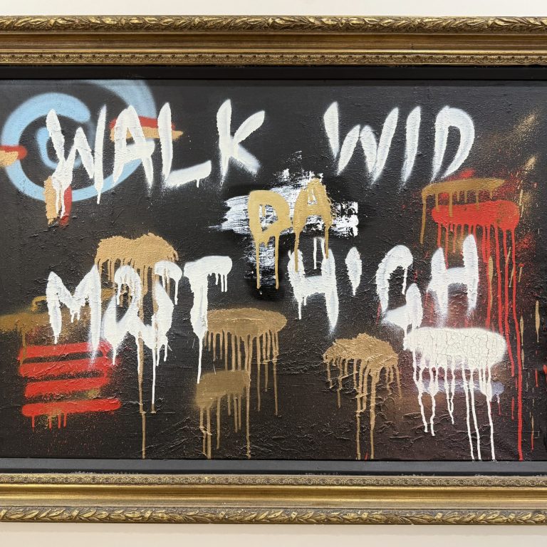“WALK WID DA MOST HIGH” PAINTING, ACRYLIC AND SPRAY ON FRAMED CANVAS, 110cm W X 79cm H £2450